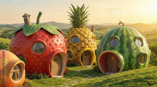 Fruit houses in a green landscape at sunset with a strawberry, pineapple, and watermelon