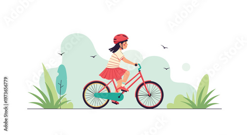 Young girl wearing safety helmet rides a red bicycle through a green park setting during a sunny day of outdoor exercise.