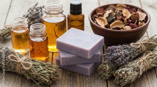 Aromatic lavender soap bars and essential oils with herbs on a wooden table