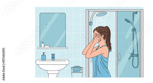Young woman with ponytail takes a refreshing shower in a modern bathroom with light blue tiles and glass shower door.
