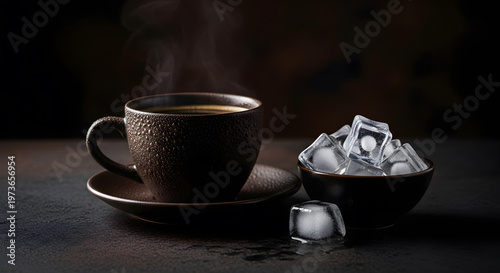 Hot coffee and ice cubes presented in dark rustic ceramic containers