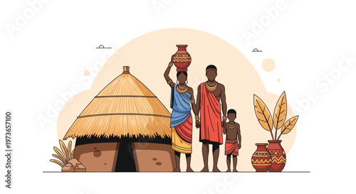 Traditional African family stands together in front of their thatched roof hut in a rural village setting under the sun.