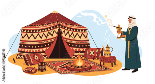 Man in traditional Arabic robes holds a burning incense burner near an ornate desert tent with cushions and a campfire.