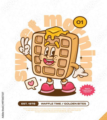 Buttermilk Waffles Trendy Retro Cartoon Vector Hand Drawn 1