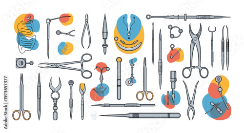 Comprehensive collection of surgical medical instruments including scissors, scalpels, and forceps displayed with colorful abstract shapes.