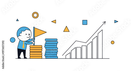 Illustration of a businessman planting a flag on a stack of coins, symbolizing financial growth and success