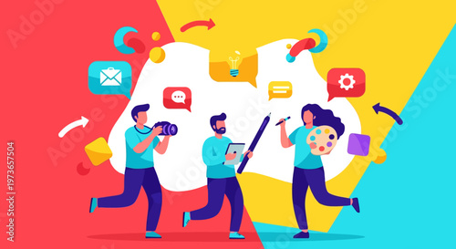 Team of creative professionals collaborating on a project with various digital icons