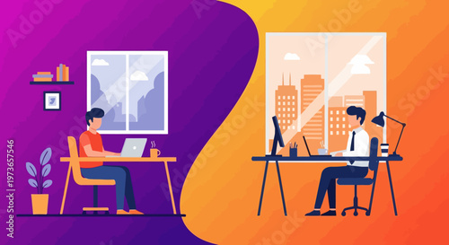 Two people working remotely and in office with laptops and city views