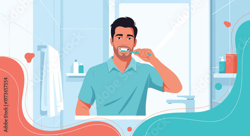 Handsome man performing his morning routine by brushing his teeth in front of a bathroom mirror with toiletries nearby.