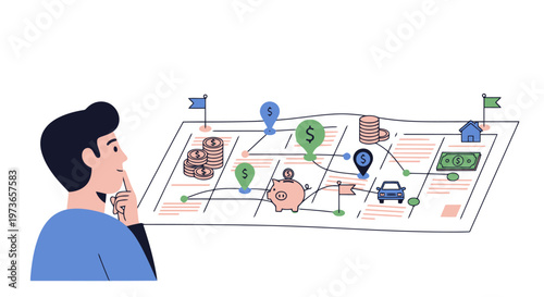 Man strategizing financial planning on a map with money goals and investments