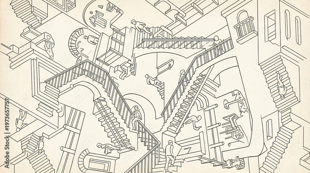 Obraz premium A classic optical illusion line art drawing featuring endless, impossible stairs and paradoxical architectural structures.