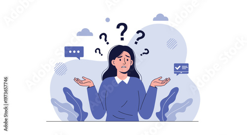 Confused woman shrugging her shoulders with several question marks above her head representing uncertainty or a difficult decision.
