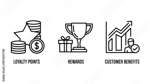 Set of loyalty program and customer reward icons representing business benefits