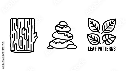 Minimalist set of nature inspired graphic icons including tree bark stone cairn and leaf patterns