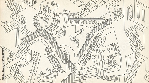A classic optical illusion line art drawing featuring endless, impossible stairs and paradoxical architectural structures.