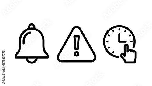 Outline notification alert and time management graphic icons for user interface design