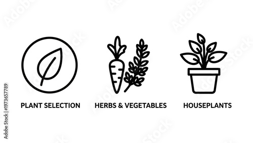 Agricultural and botanical icon set featuring a leaf in a circle, harvest vegetables, and a potted houseplant