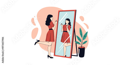 Young woman in a red dress happily looking at her reflection in a full length mirror while posing in a stylish room.