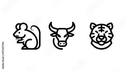 Set of zodiac animal icons including rat ox and tiger in hand drawn line art style