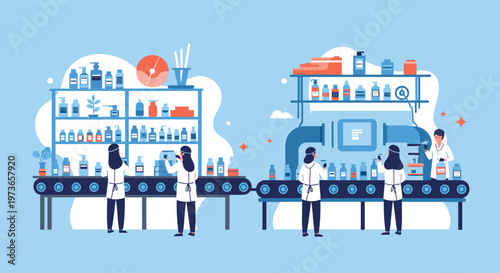 Busy laboratory environment where several scientists in white coats are working with chemicals and automated conveyor belt systems.