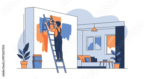 Professional painter standing on a ladder and applying blue and orange paint to a large interior wall in a modern living room.