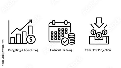 Financial planning icons set representing budgeting and forecasting schedule strategy and cash flow projection analysis