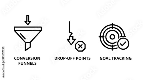 Business conversion funnel drop-off points and goal tracking icons