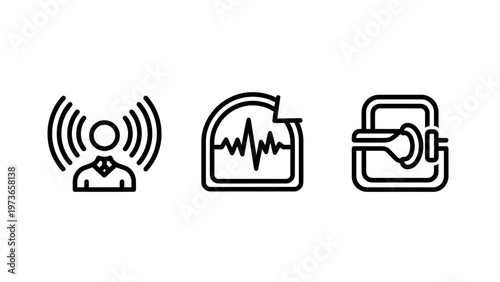 Health monitoring and biometric data transmission line icons for wearable technology and medical sensors