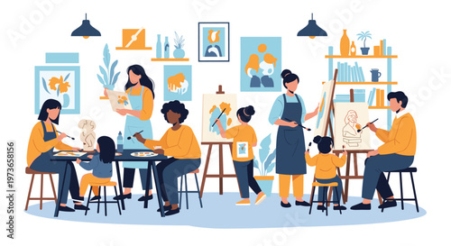 Lively art studio filled with people of different ages engaged in creative activities like painting on easels and sculpting.