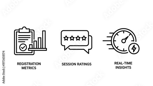 Business performance metrics session ratings and real time insights line icons