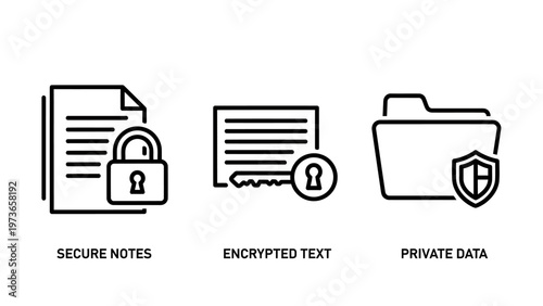 Cyber security and data privacy icons showcasing secure notes with padlock, encrypted text with secret key, and private data folder protected by a shield for information safety concepts
