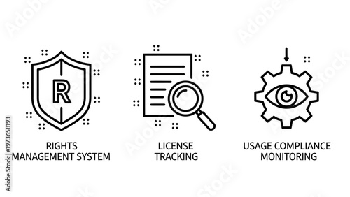 Intellectual property rights management and license tracking icons representing copyright protection, legal compliance monitoring, and digital asset usage oversight in a linear vector style