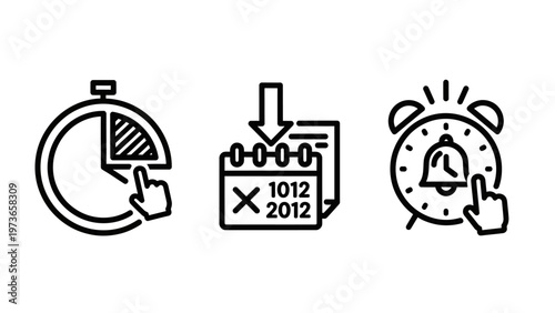 Time management and scheduling productivity line icons