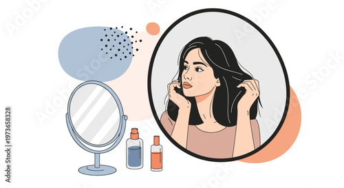 Woman examining her dark hair in a round mirror while surrounded by various beauty products and skincare bottles.