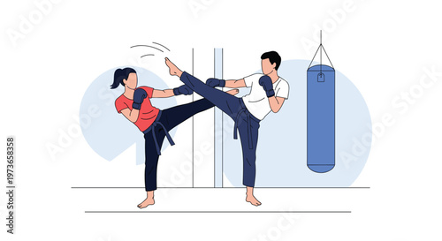 Man and woman in martial arts attire practicing kicks and defense moves in a bright and spacious training dojo.