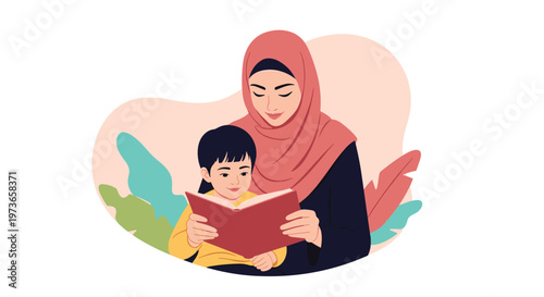 Loving Muslim mother in a pink hijab reading a book together with her young child in a warm and cozy setting.