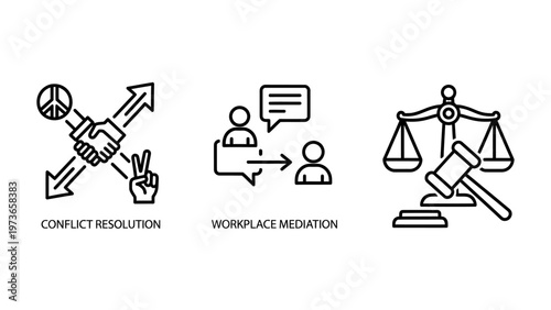 Conflict resolution work communication and justice legal icons set