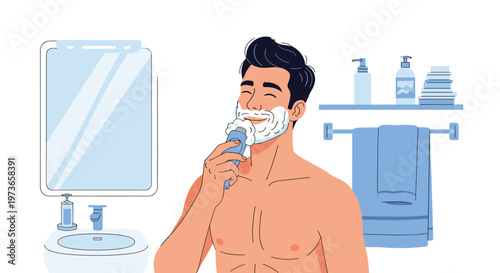 Happy man with shaving cream on his face using an electric razor in his bathroom while looking at himself in the mirror.