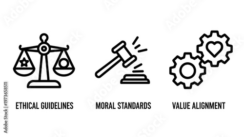 Corporate compliance and ethical values icons representing moral standards and value alignment