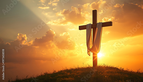 Cross on the hill at sunset with rays of light. 3d render