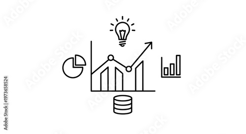 Business data analysis icons: charts, graphs, lightbulb, database, pie chart