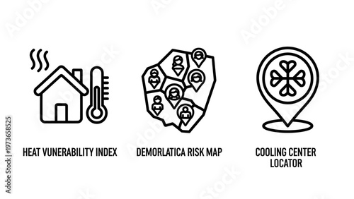 Heat vulnerability index, demographic risk map, and cooling center locator line icons