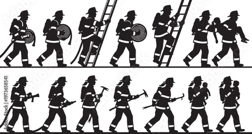 Firefighters Rescue Action Silhouettes Set Pack. Editable Vector Stroke Illustration. featuring firefighter, fire, rescue, emergency, service, uniform, helmet, axe, ladder, hose more silhouettes.