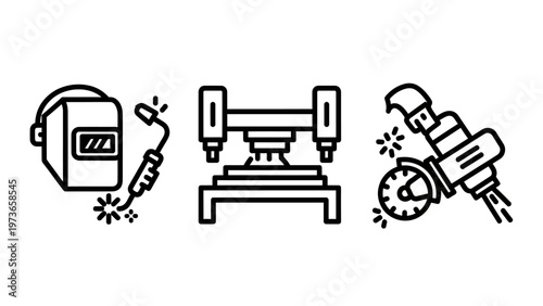 Industrial welding and metalwork tools line icon set