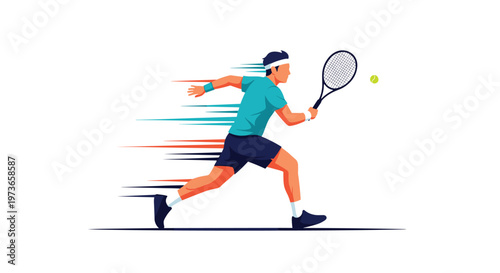 Athletic tennis player in a turquoise shirt and blue shorts moving quickly to hit the ball with his racket on a court.