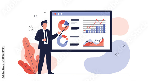 Professional businessman in a suit using a pointer to explain various data charts and graphs on a large presentation screen.