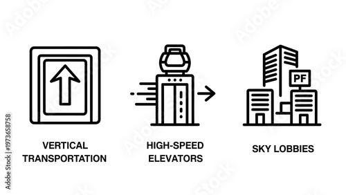 Vertical transportation high speed elevators and sky lobbies concept icons