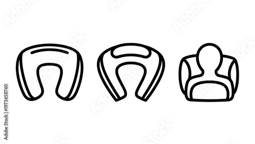 Ergonomic neck pillows and travel support accessories icon set with u shape with neck rest