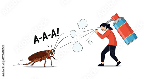 Humorous illustration of a panicked woman using a giant can of insecticide to spray a frightened, screaming cockroach.