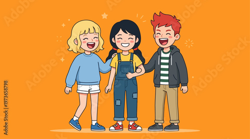 A vibrant flat design illustration showing a cheerful group of cute anime characters sharing a moment of joyful laughter. Represents friendship and happiness.